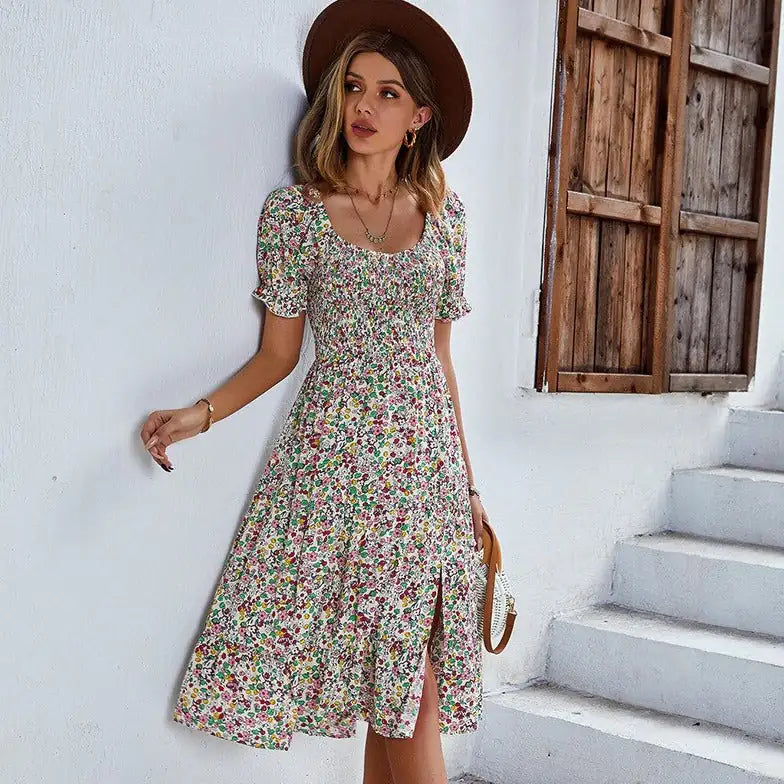 Strand Bloemen Patchwork Jurk Gesmokte mouwen V-hals Mini Jurken SS12