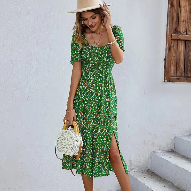 Strand Bloemen Patchwork Jurk Gesmokte mouwen V-hals Mini Jurken SS12