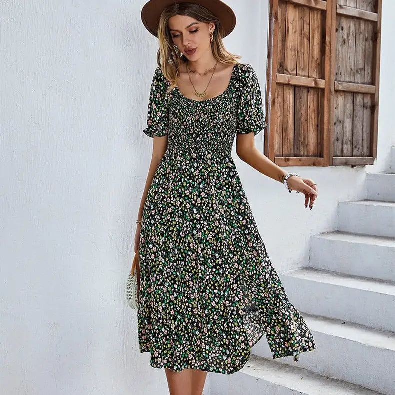 Strand Bloemen Patchwork Jurk Gesmokte mouwen V-hals Mini Jurken SS12
