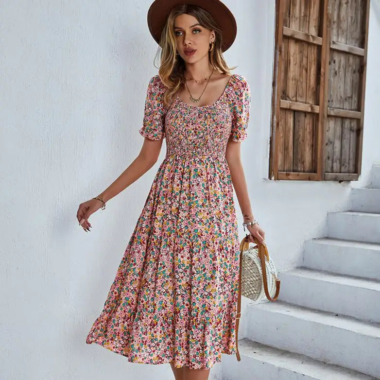 Strand Bloemen Patchwork Jurk Gesmokte mouwen V-hals Mini Jurken SS12