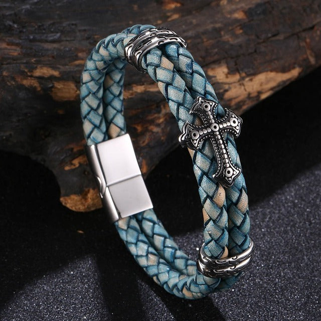 Luxury Multicolor Cross Design Stainless Steel Leather Bangle Bracelet JW6