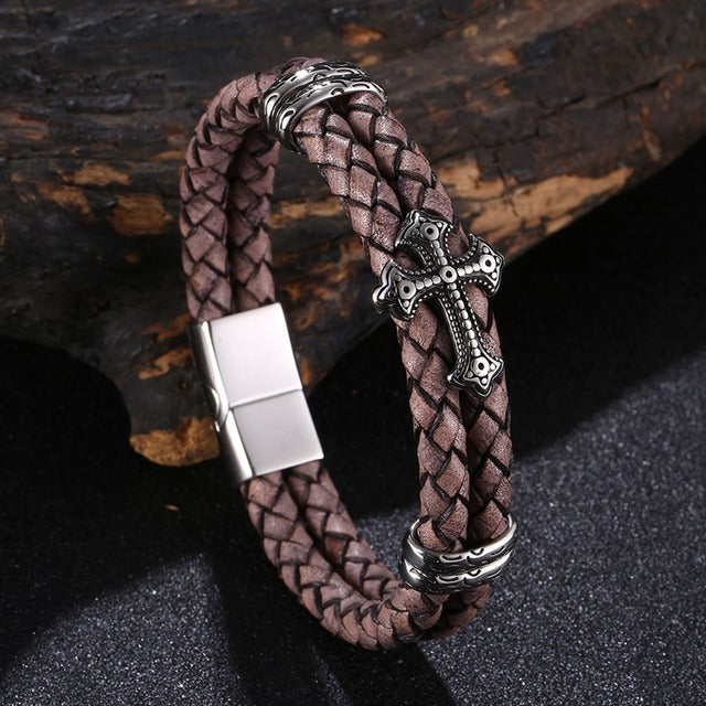 Luxury Multicolor Cross Design Stainless Steel Leather Bangle Bracelet JW6