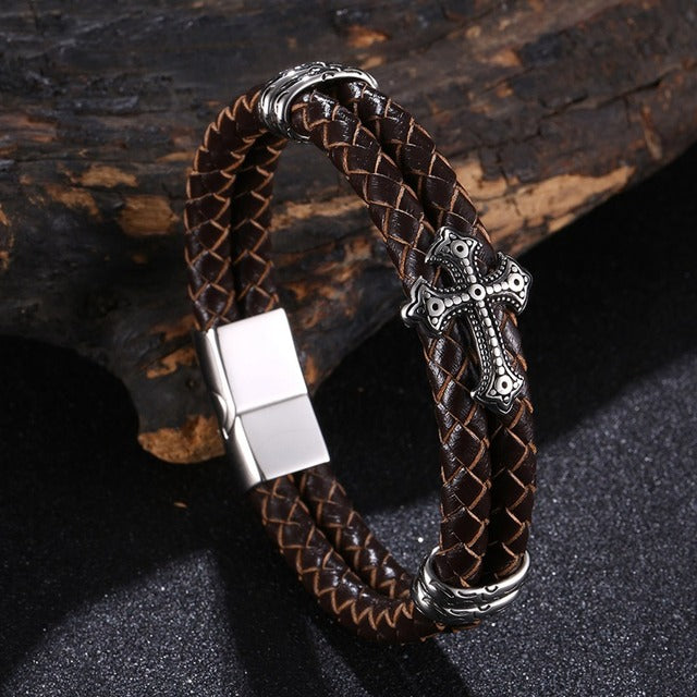 Luxury Multicolor Cross Design Stainless Steel Leather Bangle Bracelet JW6