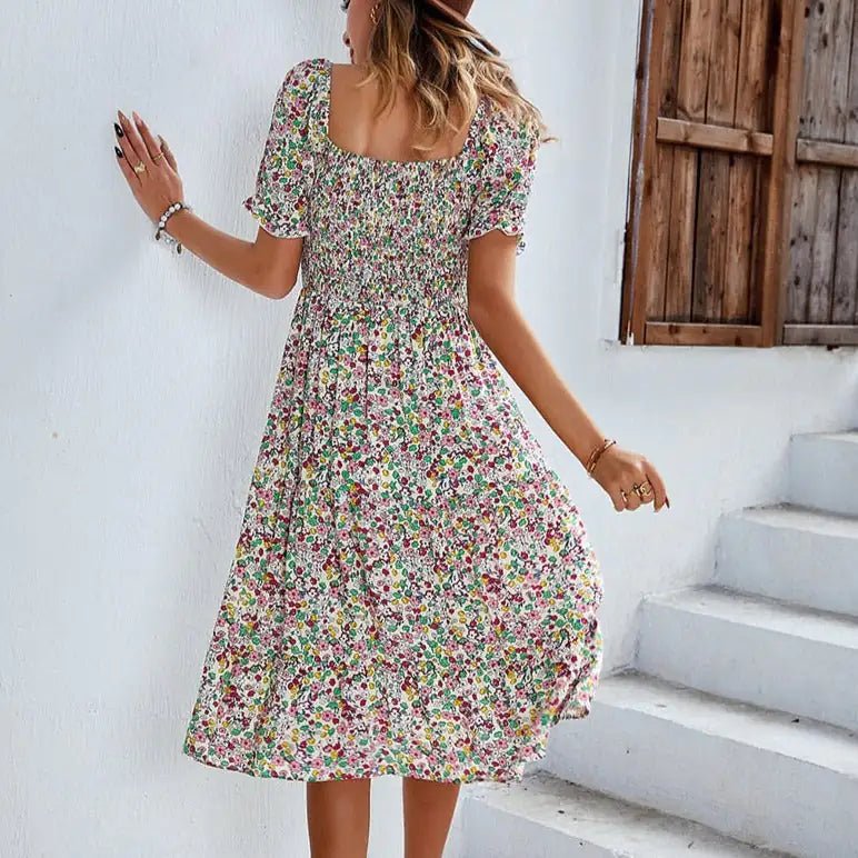 Beach Floral Patchwork Dress Smocked Sleeve V Neck Mini Long Sleeve Dresses SS12