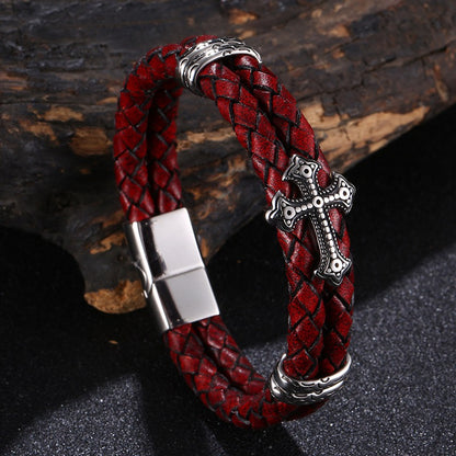 Luxury Multicolor Cross Design Stainless Steel Leather Bangle Bracelet JW6