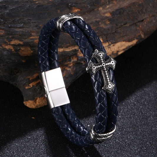 Luxe meerkleurige roestvrijstalen lederen armband met kruisontwerp JW6